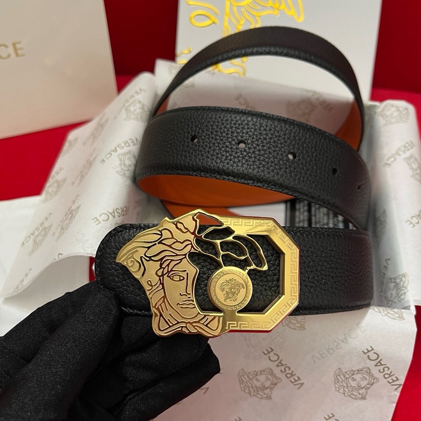 Versace Designer Belt Men Belts Women Brand Belt Double Sided Casual Belt Togo Lychee Leather Lined With Orange Calf Leather And A Beauty Head Steel Buckle Women And Men With A Width Of 4.0 Cm And With Box