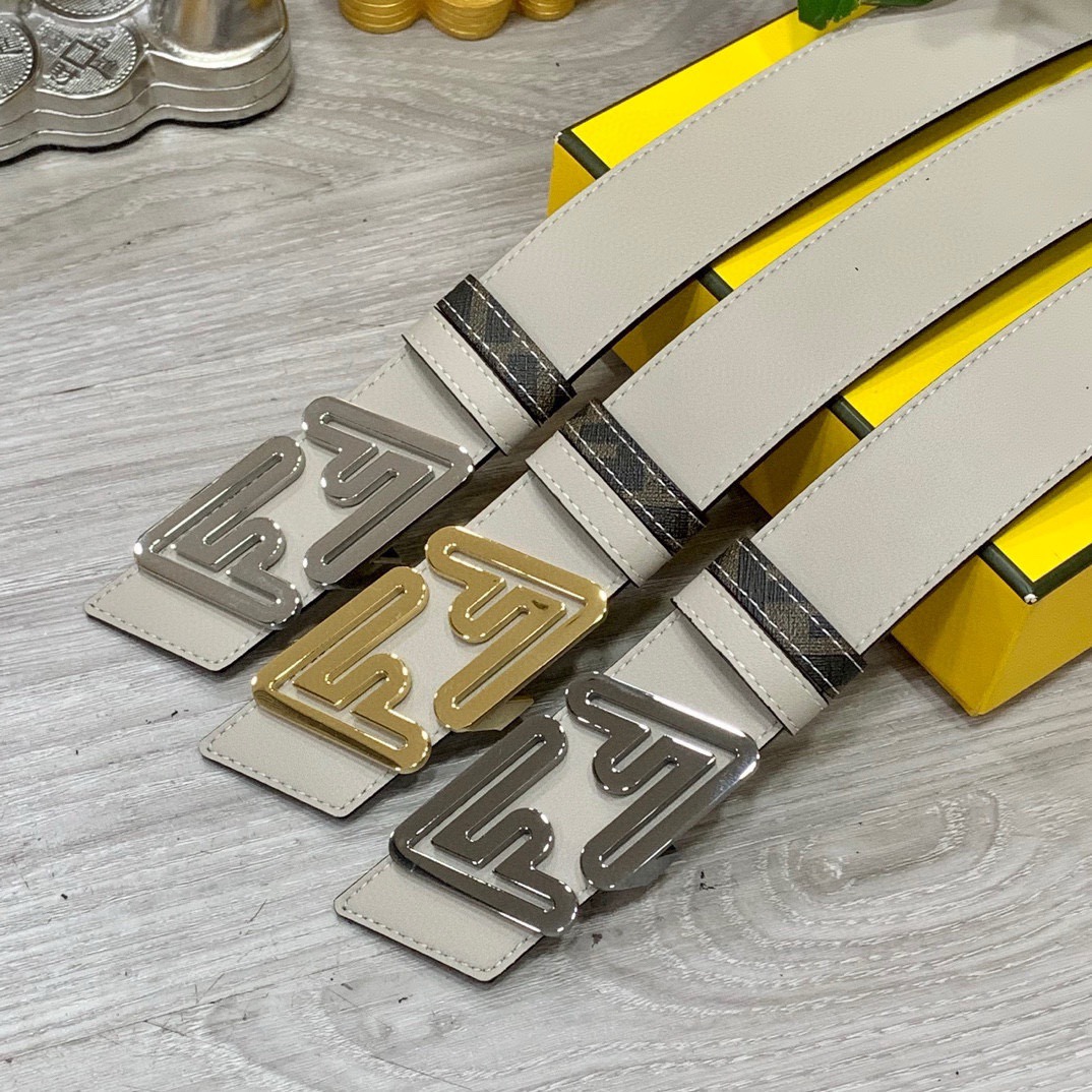 FENDI Unisex Double Ring Front and Back Waistband FF Nail Buckle Double Color Cuoio Romano Leather Material Back Fabric with Tobacco Yellow and Black FF Pattern Black Enamel Metal Finish Fashion Classic Versatile Style Width 4.0cm