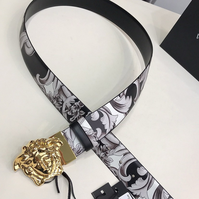 Versace Designer Belt Men Belts Women's Brand Belt Luxury Double-Sided Belt Features Silver Baroque Print On One Side And The Same Color Scheme On The Other Side. Featuring The Iconic Medusa Hardware Buckle On The Front