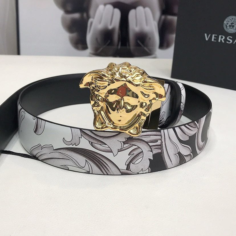 Versace Designer Belt Men Belts Women's Brand Belt Luxury Double-Sided Belt Features Silver Baroque Print On One Side And The Same Color Scheme On The Other Side. Featuring The Iconic Medusa Hardware Buckle On The Front