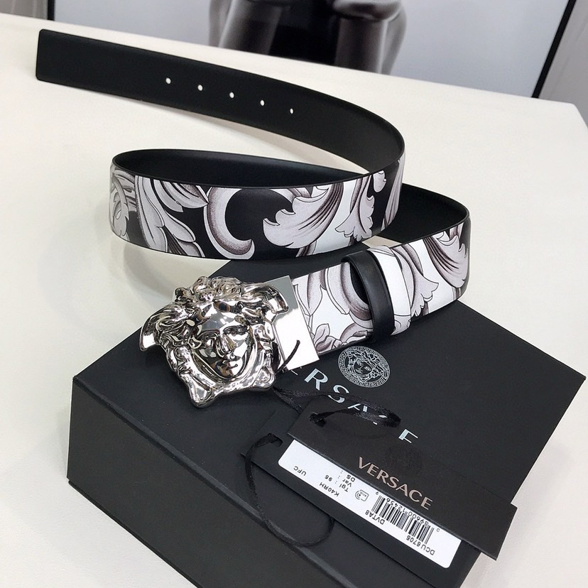 Versace Designer Belt Men Belts Women's Brand Belt Luxury Double-Sided Belt Features Silver Baroque Print On One Side And The Same Color Scheme On The Other Side. Featuring The Iconic Medusa Hardware Buckle On The Front