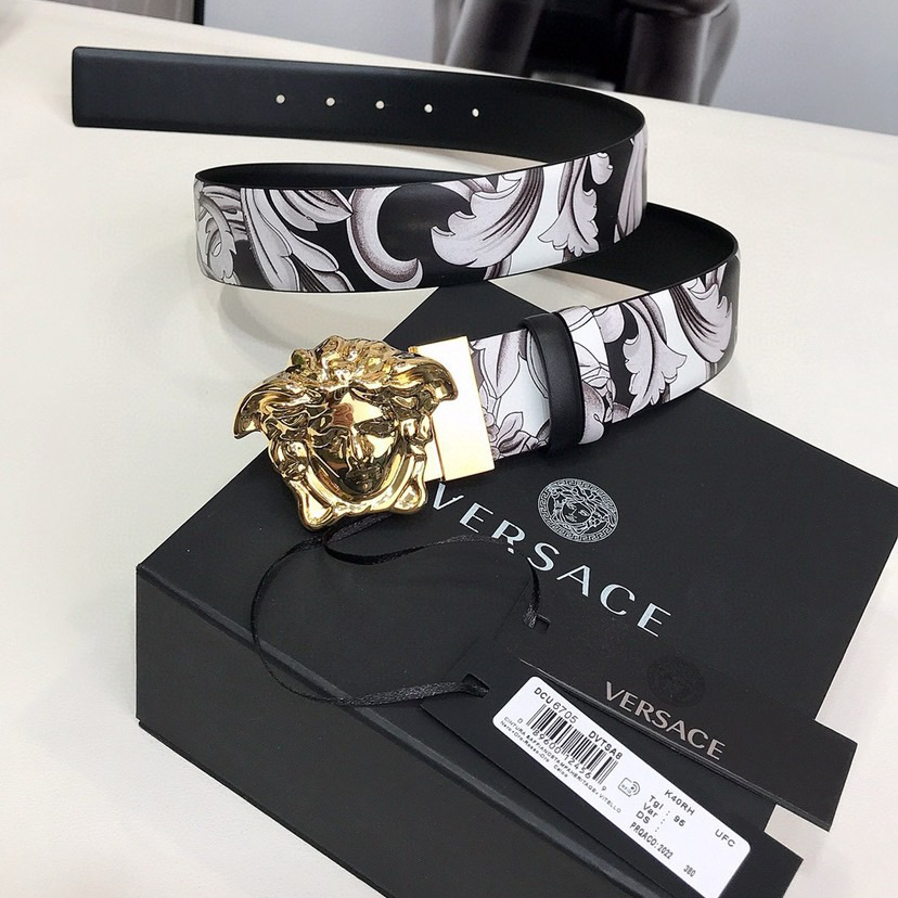 Versace Designer Belt Men Belts Women's Brand Belt Luxury Double-Sided Belt Features Silver Baroque Print On One Side And The Same Color Scheme On The Other Side. Featuring The Iconic Medusa Hardware Buckle On The Front