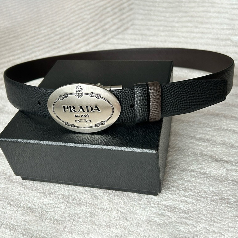 Prada Men's Business And Leisure Double Sided Belt Width 3.4cm Made Of Double Sided Saffiano Black With Coffee Head Leather Prada Logo Engraved In Elliptical Polished Steel Metal Buckle Contrasting Color Belt Loop Exquisite And Elegant