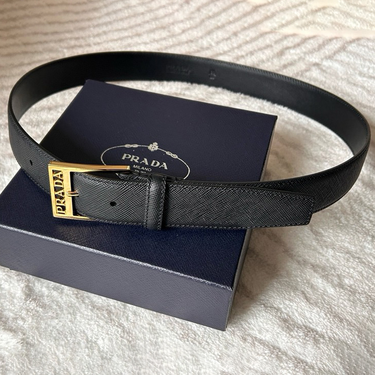 Prada Designer Belt Mens Business Leisure Belt With Smooth Leather Steel Buckle At The Bottom Featuring A Minimalist Design With Hollowed Out Letters And Adorned With The Ada Logo To Outline Exquisite Details Men With A Width Of 3.5cm And With Box