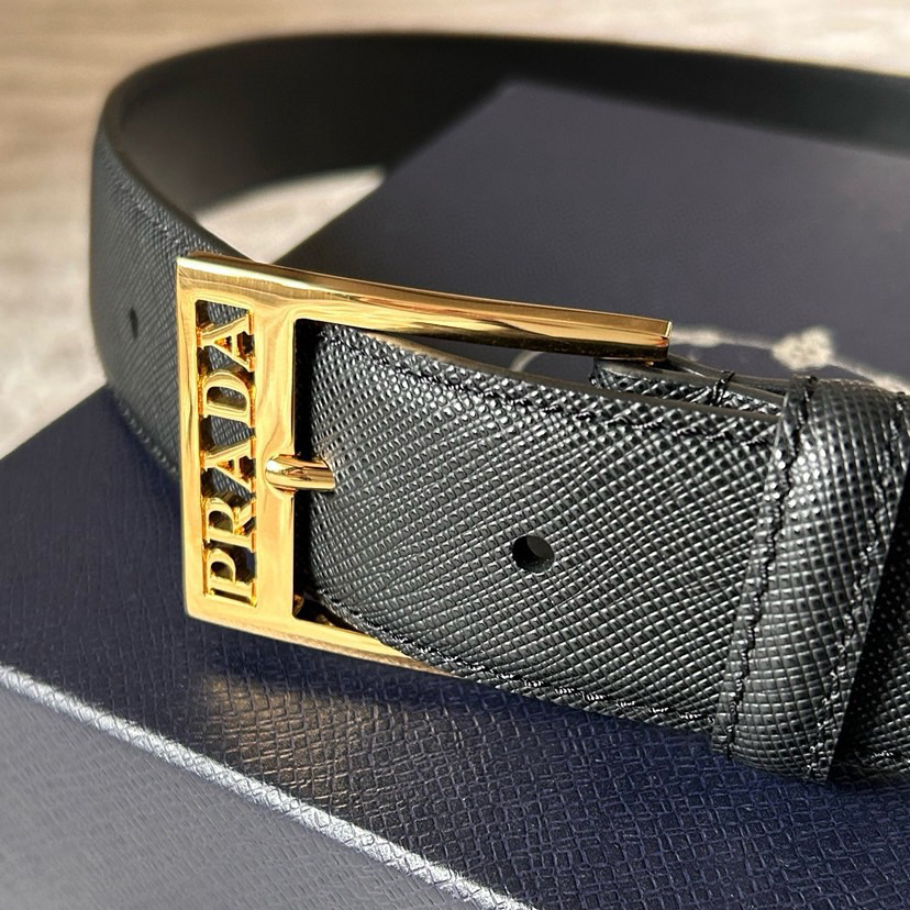 Prada Designer Belt Mens Business Leisure Belt With Smooth Leather Steel Buckle At The Bottom Featuring A Minimalist Design With Hollowed Out Letters And Adorned With The Ada Logo To Outline Exquisite Details Men With A Width Of 3.5cm And With Box