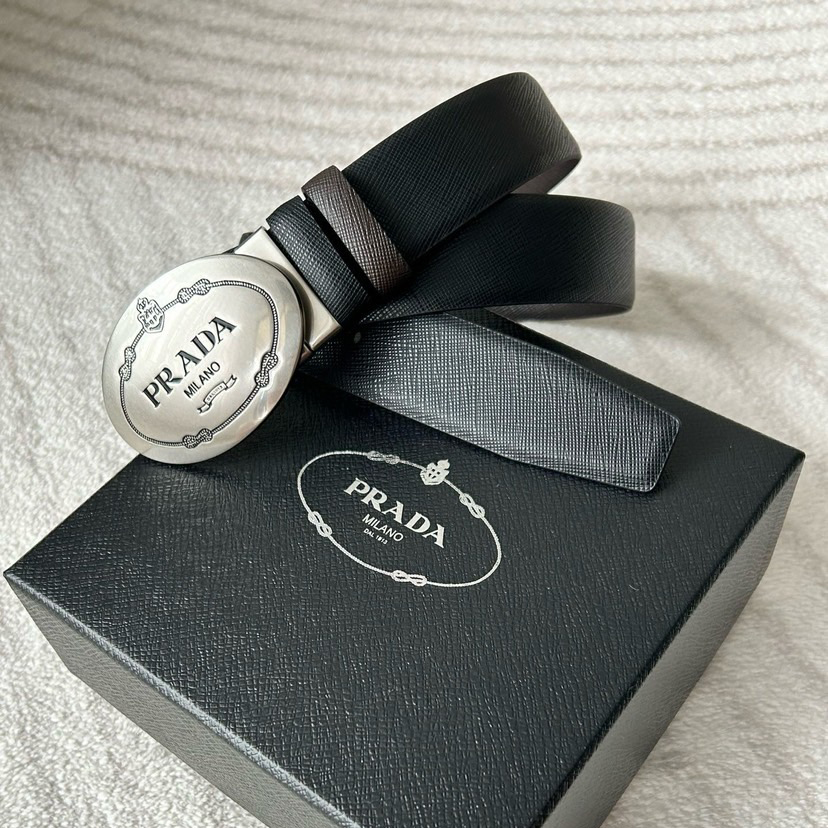 Prada Men's Business And Leisure Double Sided Belt Width 3.4cm Made Of Double Sided Saffiano Black With Coffee Head Leather Prada Logo Engraved In Elliptical Polished Steel Metal Buckle Contrasting Color Belt Loop Exquisite And Elegant