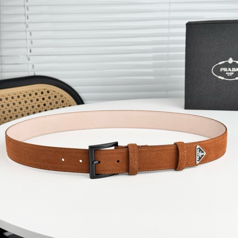 Prada Designer Belt Men Belts Women's Brand Belt The Gorgeous Suede Leather Belt Releases A Simple Yet Exquisite Enamel Metal Triangle Logo At The Tip Showcasing The Iconic Women And Men With A Width Of 3.5cm And With Box