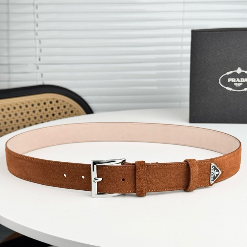 Prada Designer Belt Men Belts Women's Brand Belt The Gorgeous Suede Leather Belt Releases A Simple Yet Exquisite Enamel Metal Triangle Logo At The Tip Showcasing The Iconic Women And Men With A Width Of 3.5cm And With Box