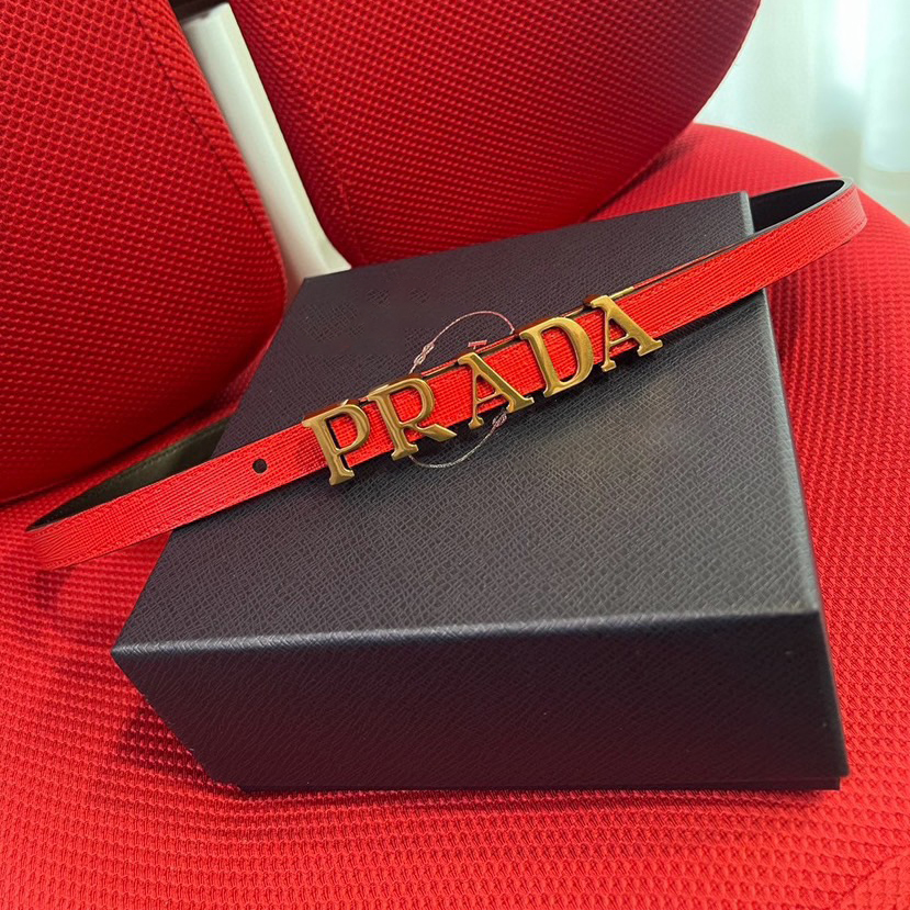 Prada Women's Brand Belt Women's High End Fashion Personalized Casual Women's Belt Saffron Imported Head Layer Cross Pattern With A Width Of 1.5cm And With Box