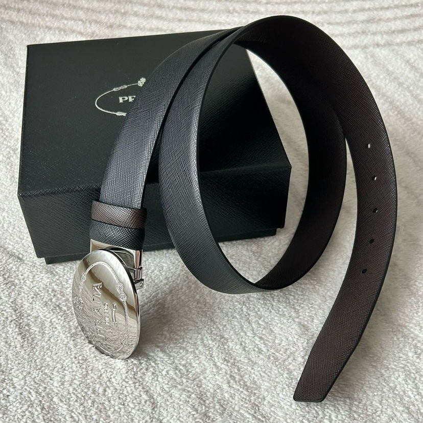 Prada Men's Business And Leisure Double Sided Belt Width 3.4cm Made Of Double Sided Saffiano Black With Coffee Head Leather Prada Logo Engraved In Elliptical Polished Steel Metal Buckle Contrasting Color Belt Loop Exquisite And Elegant