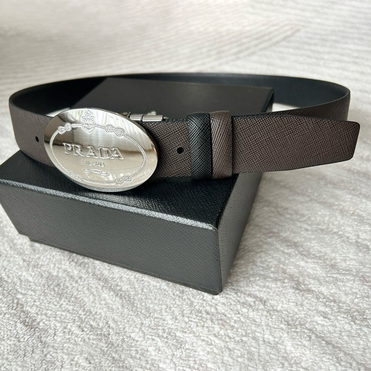 Prada Men's Business And Leisure Double Sided Belt Width 3.4cm Made Of Double Sided Saffiano Black With Coffee Head Leather Prada Logo Engraved In Elliptical Polished Steel Metal Buckle Contrasting Color Belt Loop Exquisite And Elegant