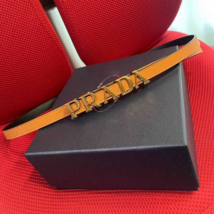Prada Women's Brand Belt Women's High End Fashion Personalized Casual Women's Belt Saffron Imported Head Layer Cross Pattern With A Width Of 1.5cm And With Box