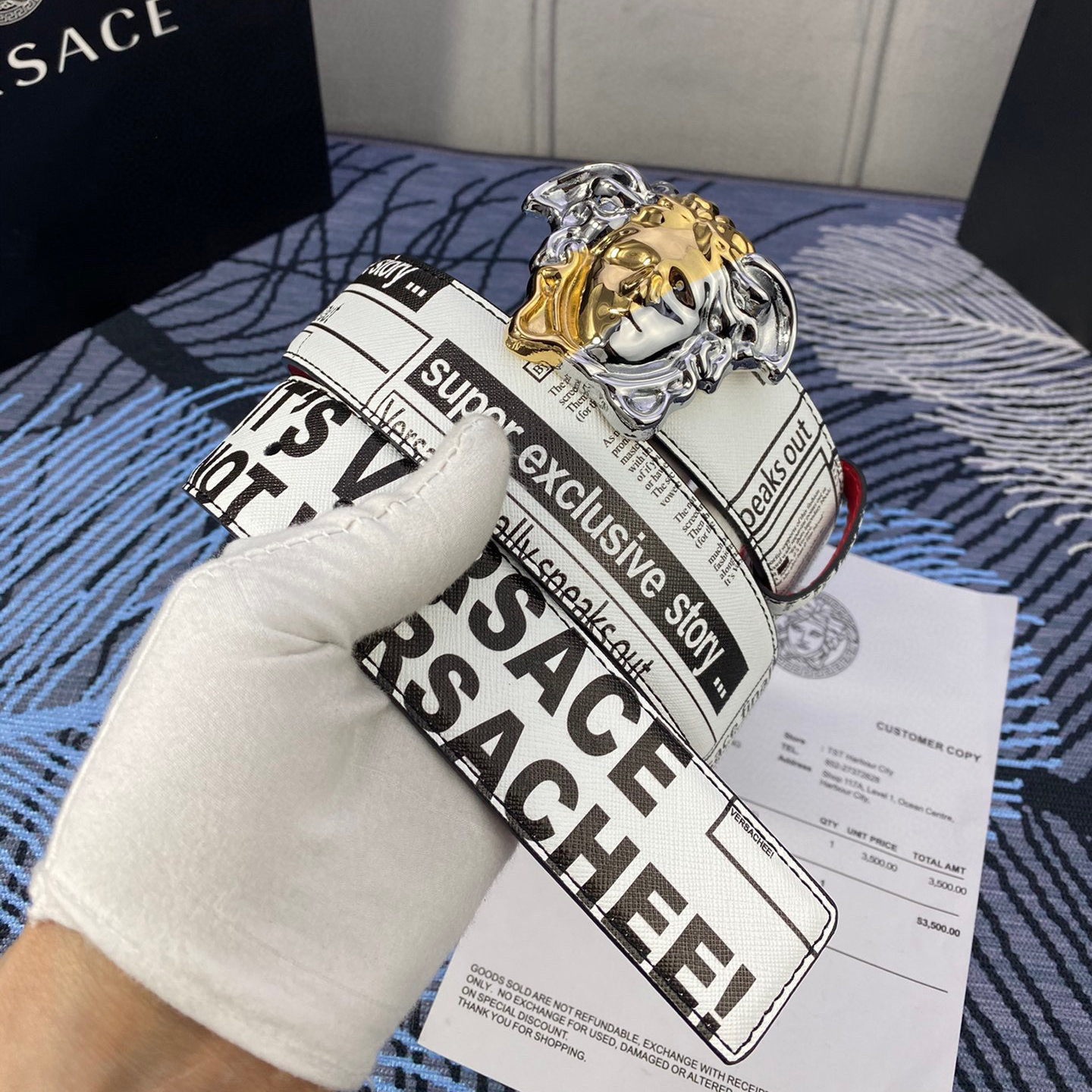 Versace Designer Belt Men's Belts Women's Brand Belt Luxury Belt Is Made Of Soft Calf Leather And Features A 3D Square Medusa Portrait Waistband Buckle One Side Is Monochrome And The Other Side Is Adorned With The Brand's Iconic Barocco Print