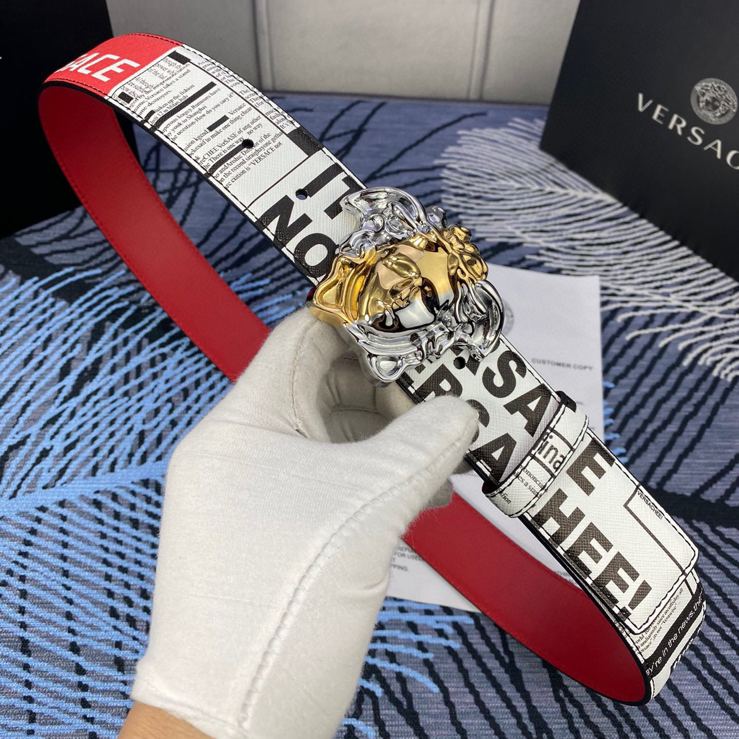 Versace Designer Belt Men's Belts Women's Brand Belt Luxury Belt Is Made Of Soft Calf Leather And Features A 3D Square Medusa Portrait Waistband Buckle One Side Is Monochrome And The Other Side Is Adorned With The Brand's Iconic Barocco Print