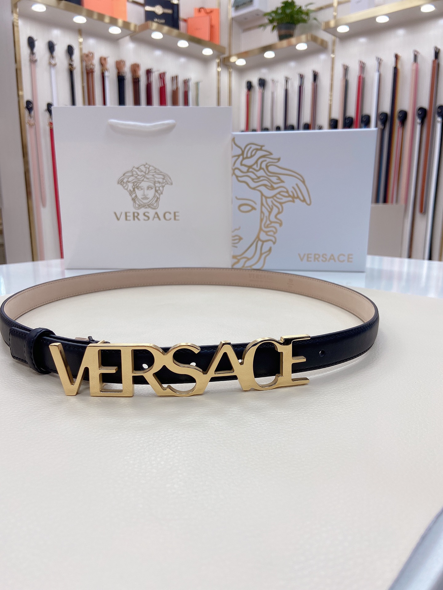 Versace Belts For Women Designer Belt Womens Formal Smooth Buckle Woman Narrow Genuine Leather Golden Bronze Cowhide Design Thin Optional High Quality