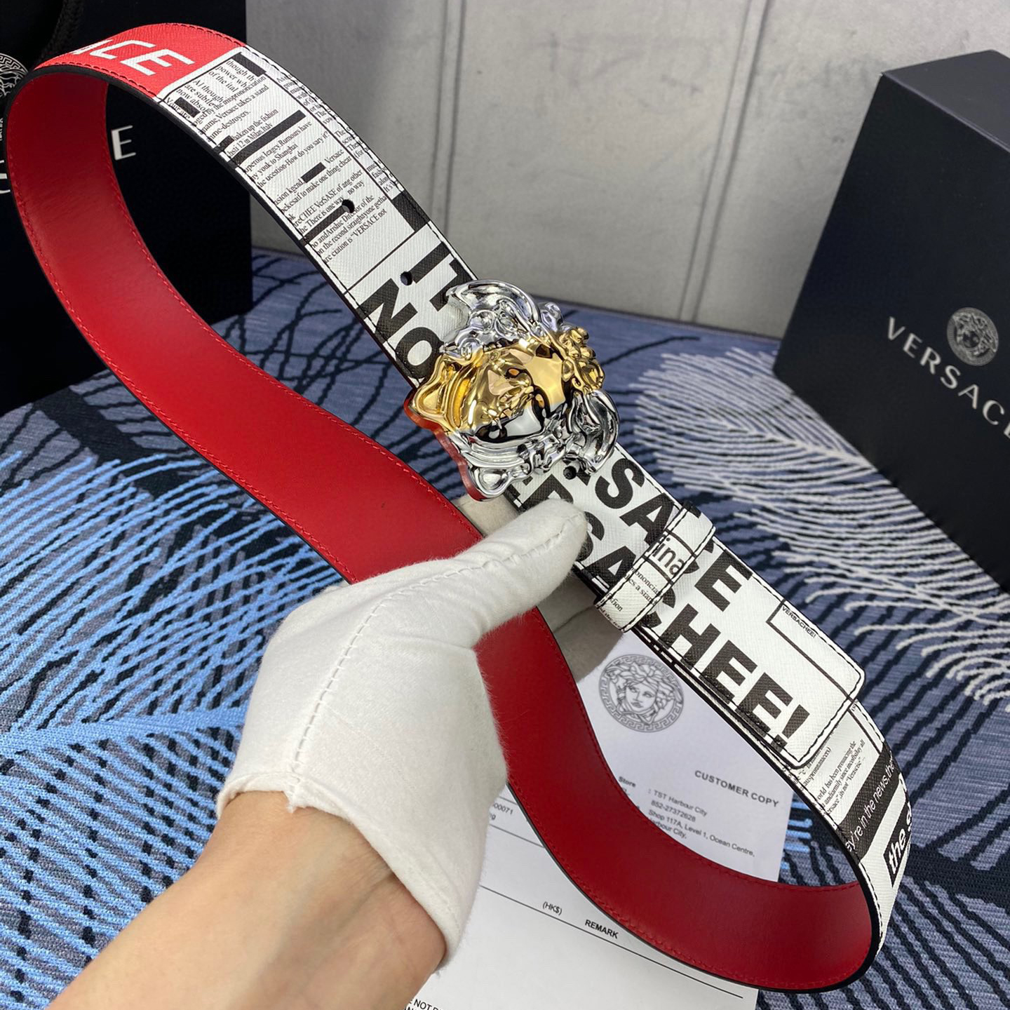 Versace Designer Belt Men's Belts Women's Brand Belt Luxury Belt Is Made Of Soft Calf Leather And Features A 3D Square Medusa Portrait Waistband Buckle One Side Is Monochrome And The Other Side Is Adorned With The Brand's Iconic Barocco Print