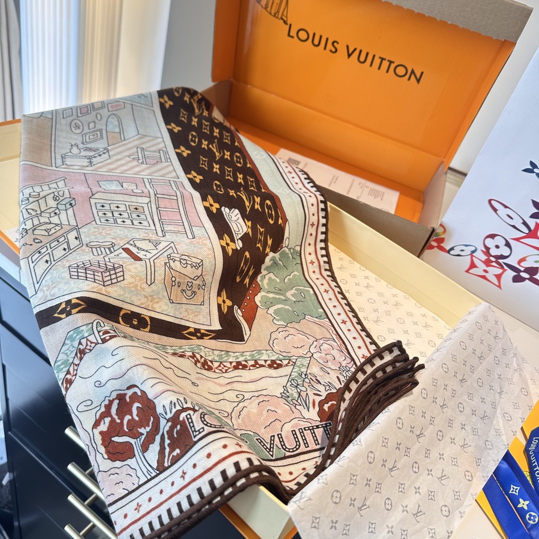 LV Designer Scarf Silk Wool Viscose Fiber Cotton Blend Women Fashion Silks Scarf Designers Scarves Luxury Silk Color-Blocking Fringed Edges With Box