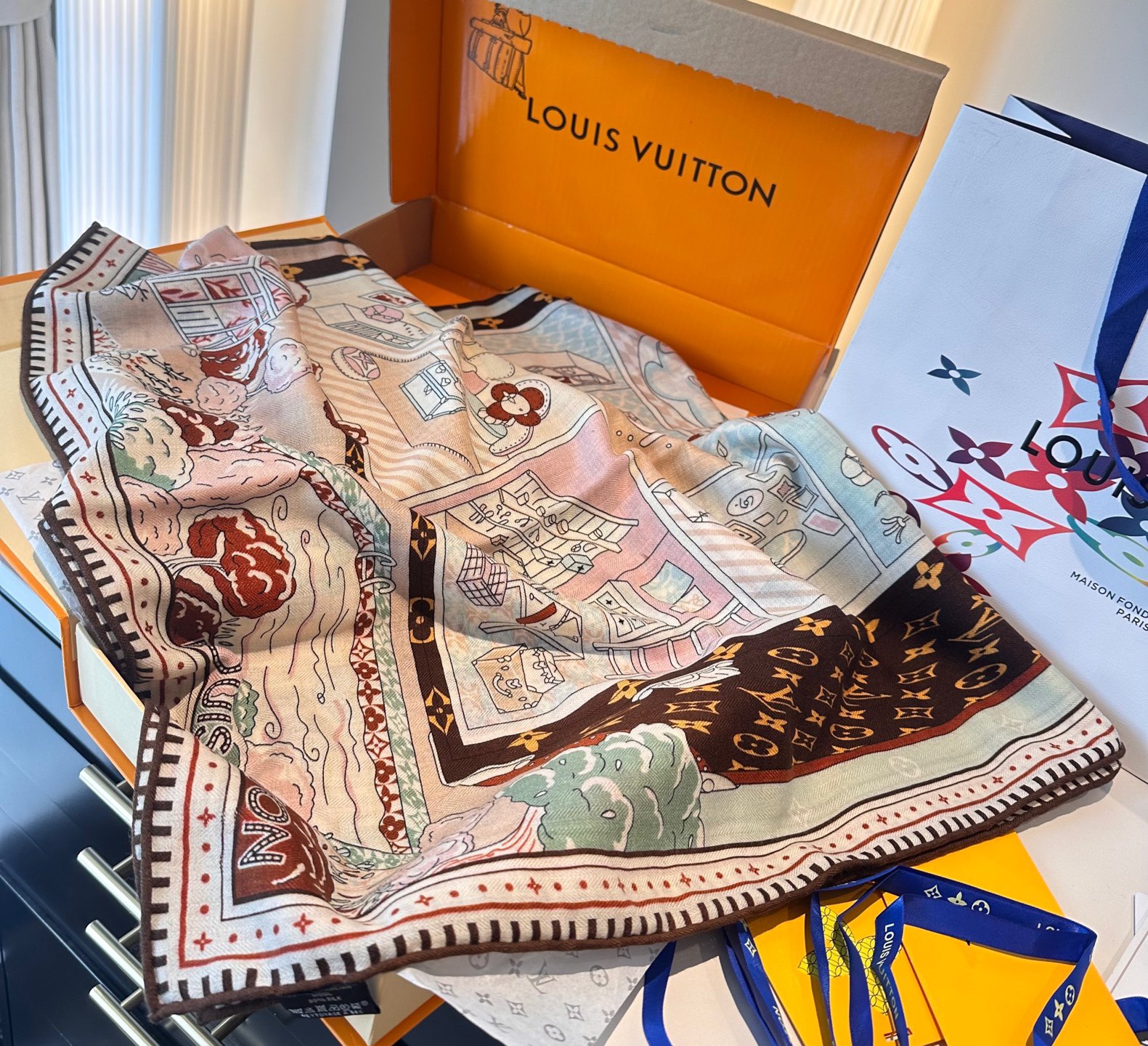 LV Designer Scarf Silk Wool Viscose Fiber Cotton Blend Women Fashion Silks Scarf Designers Scarves Luxury Silk Color-Blocking Fringed Edges With Box