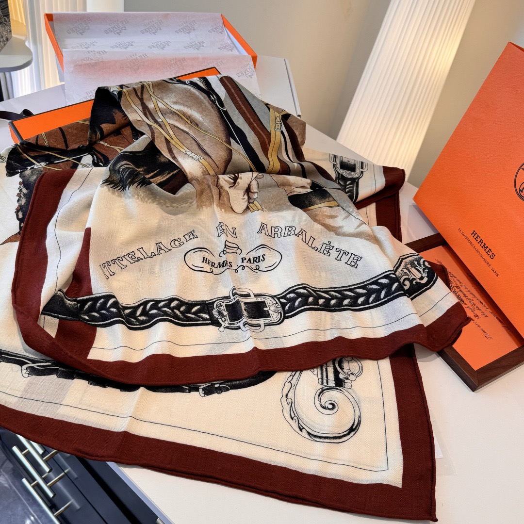 Hermes Designer Scarf Silk Wool Viscose Fiber Cotton Blend Women Fashion Silks Scarf Designers Scarves Luxury Silk Color-Blocking Fringed Edges With Box