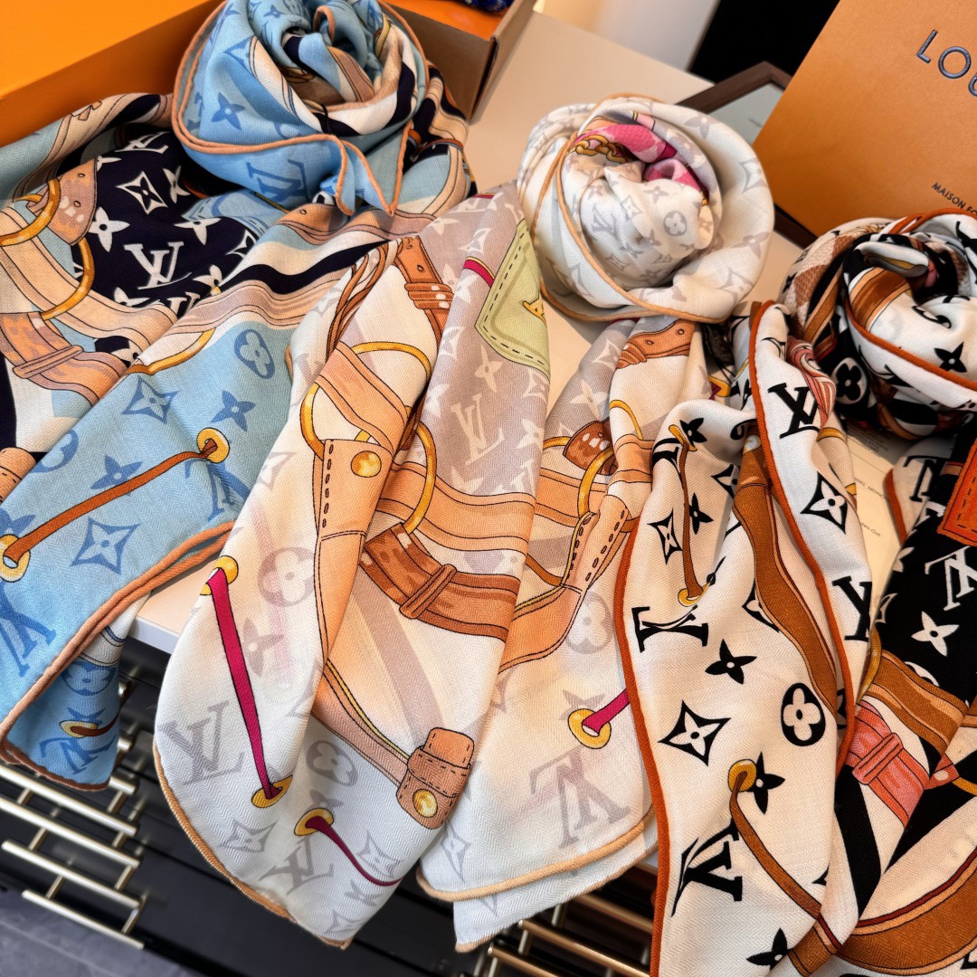 LV Designer Scarf Silk Wool Viscose Fiber Cotton Blend Women Fashion Silks Scarf Designers Scarves Luxury Silk Color-Blocking Fringed Edges With Box