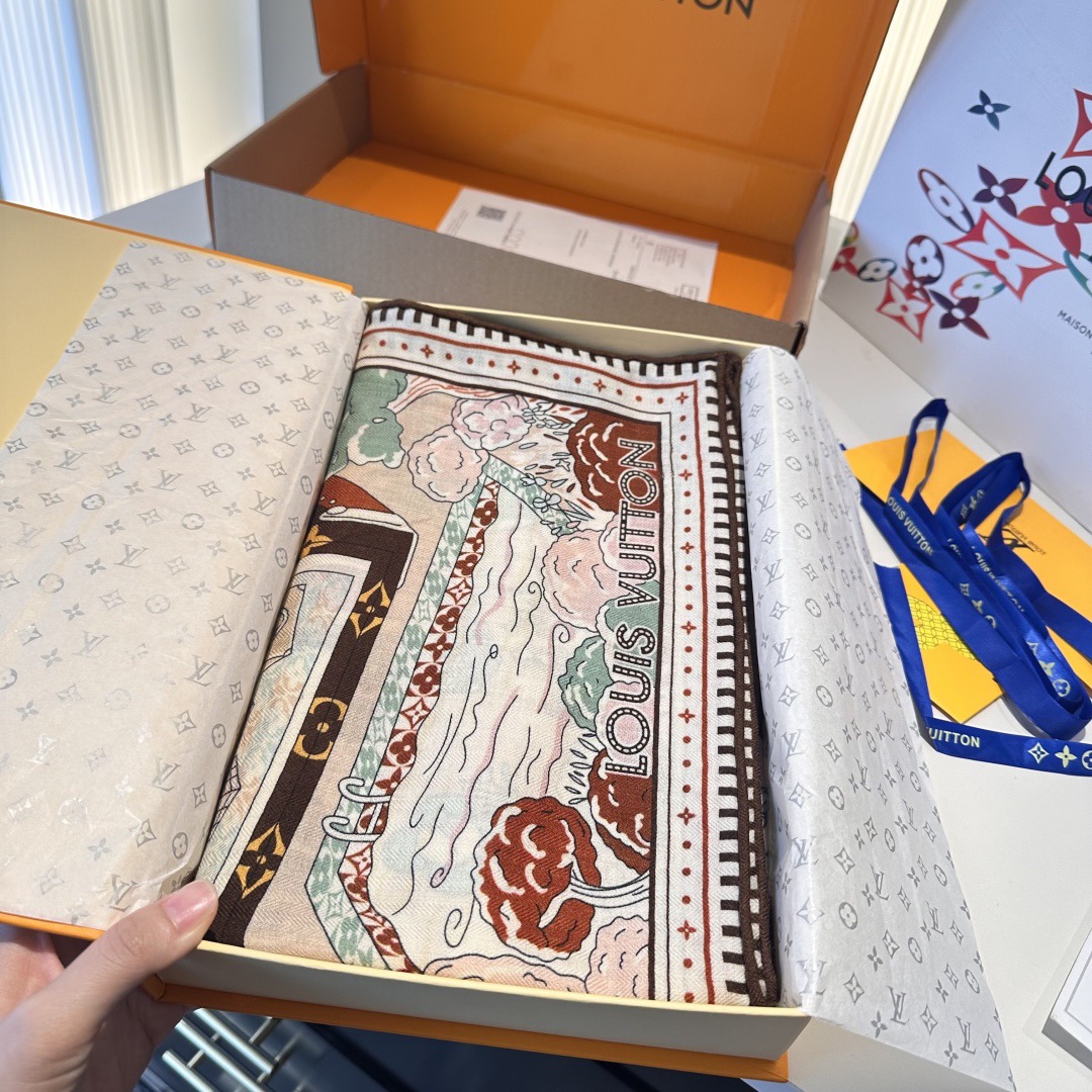 LV Designer Scarf Silk Wool Viscose Fiber Cotton Blend Women Fashion Silks Scarf Designers Scarves Luxury Silk Color-Blocking Fringed Edges With Box