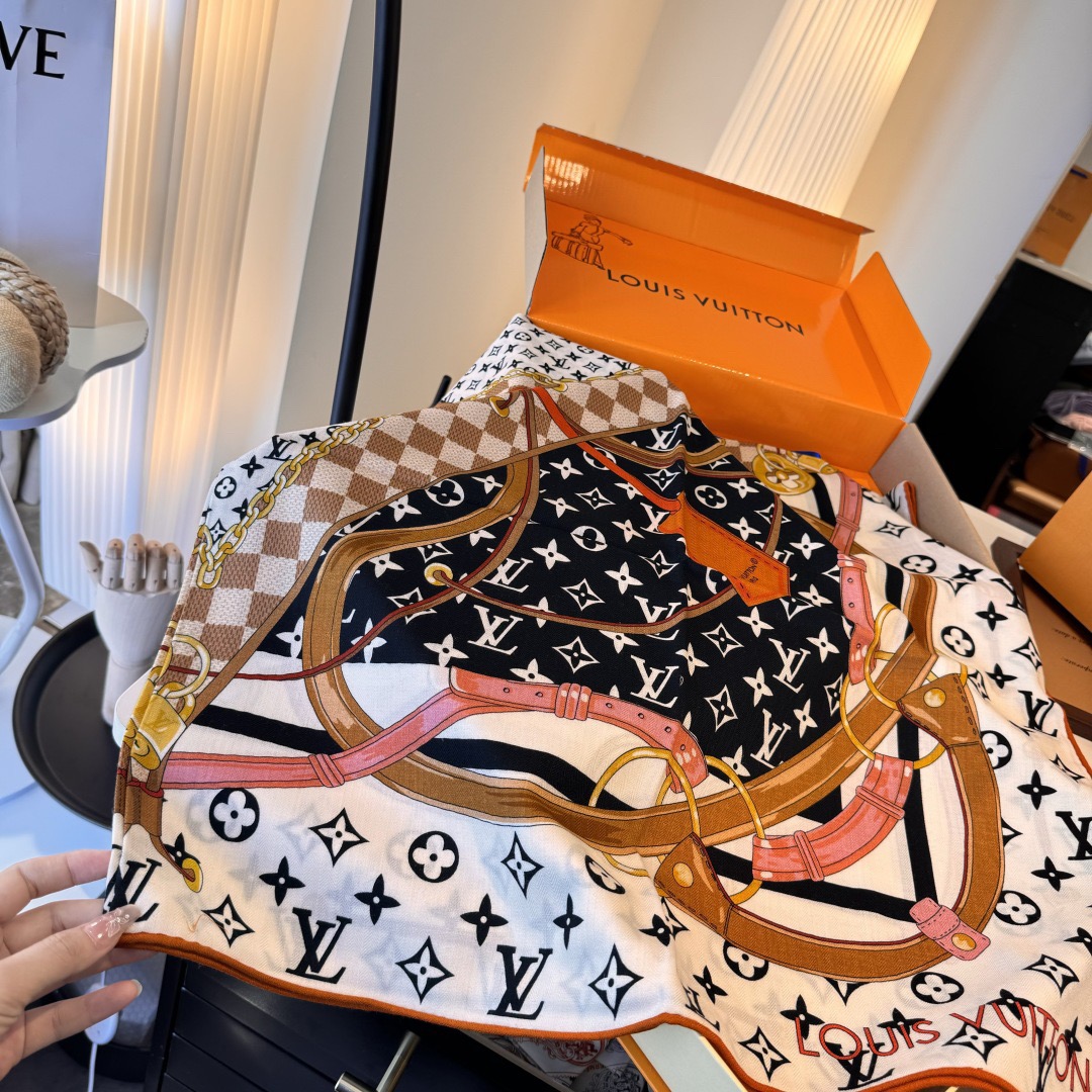 LV Designer Scarf Silk Wool Viscose Fiber Cotton Blend Women Fashion Silks Scarf Designers Scarves Luxury Silk Color-Blocking Fringed Edges With Box