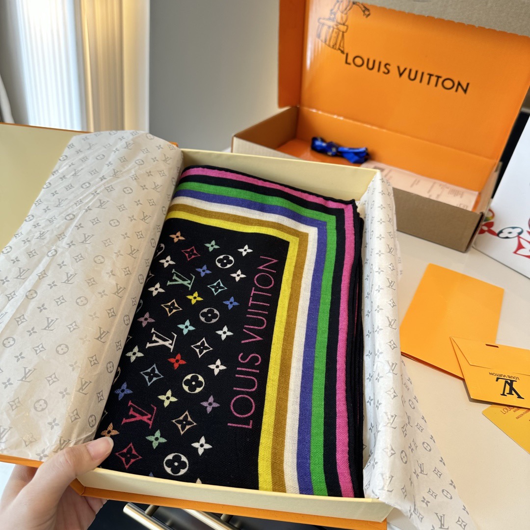 LV Designer Scarf Silk Wool Viscose Fiber Cotton Blend Women Fashion Silks Scarf Designers Scarves Luxury Silk Color-Blocking Fringed Edges With Box