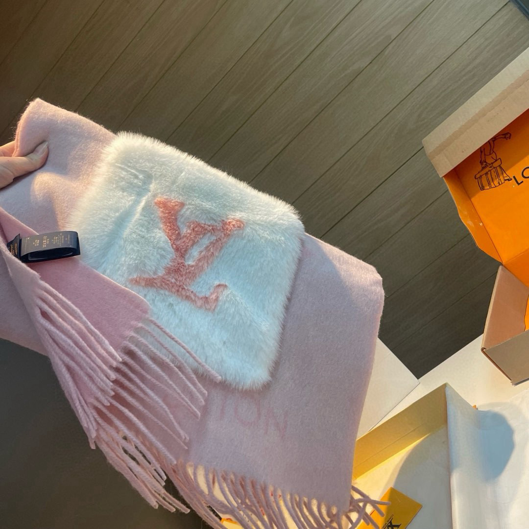LV Designer Scarf Cashmere Add Rabbit Fur Pocket Scarf Women's Long Shawl Soft And Comfortable Luxury Sided Tassel Scarf Letter Tassel Shawl Scarf With Box