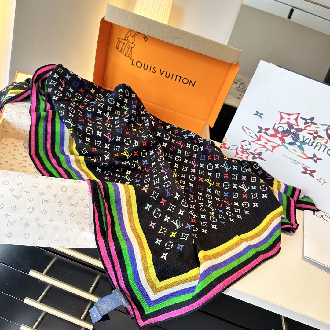 LV Designer Scarf Silk Wool Viscose Fiber Cotton Blend Women Fashion Silks Scarf Designers Scarves Luxury Silk Color-Blocking Fringed Edges With Box