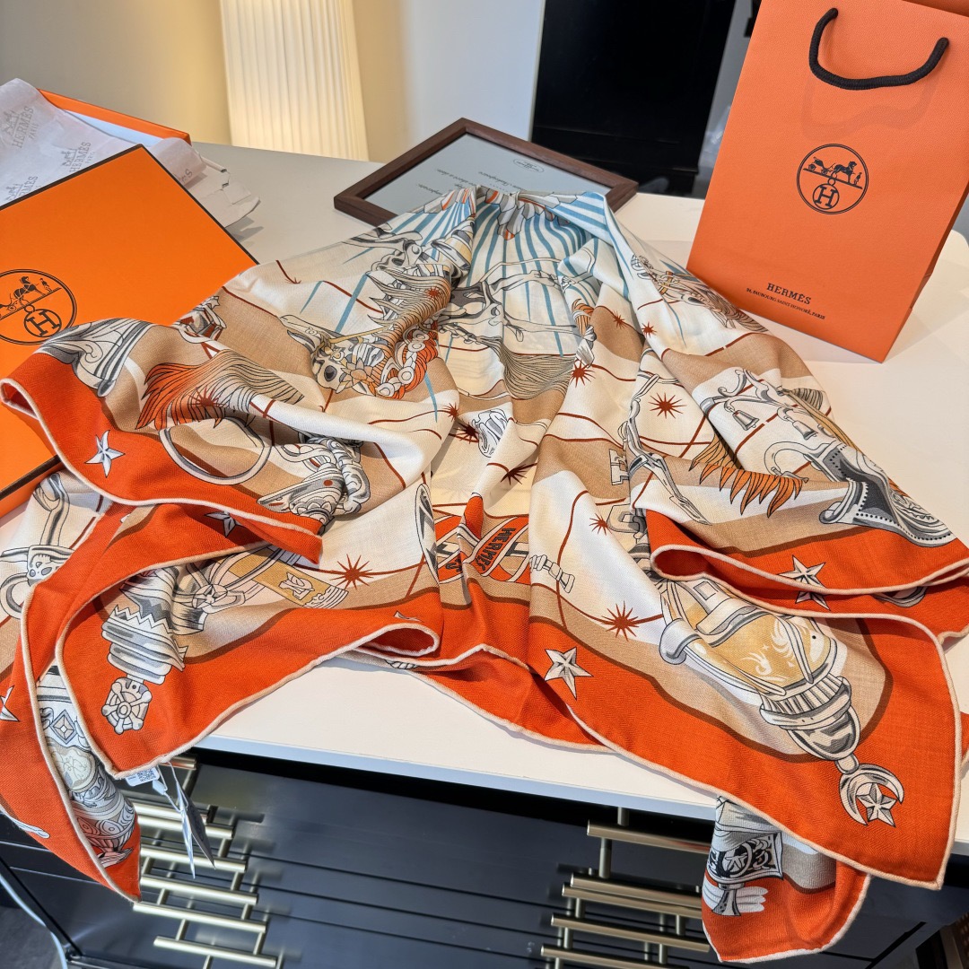 Hermes Designer Scarf Silk Wool Viscose Fiber Cotton Blend Women Fashion Silks Scarf Designers Scarves Luxury Silk Color-Blocking Fringed Edges With Box