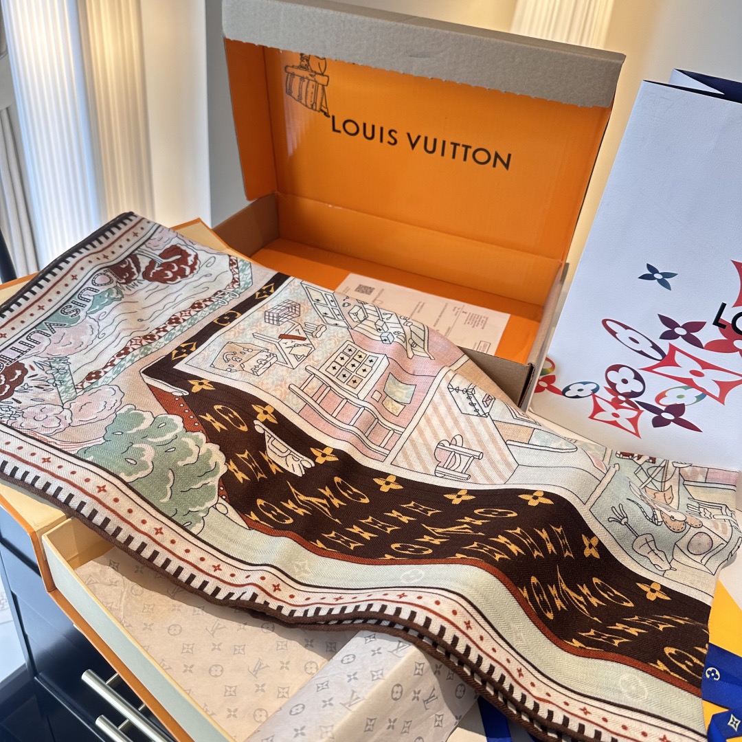 LV Designer Scarf Silk Wool Viscose Fiber Cotton Blend Women Fashion Silks Scarf Designers Scarves Luxury Silk Color-Blocking Fringed Edges With Box