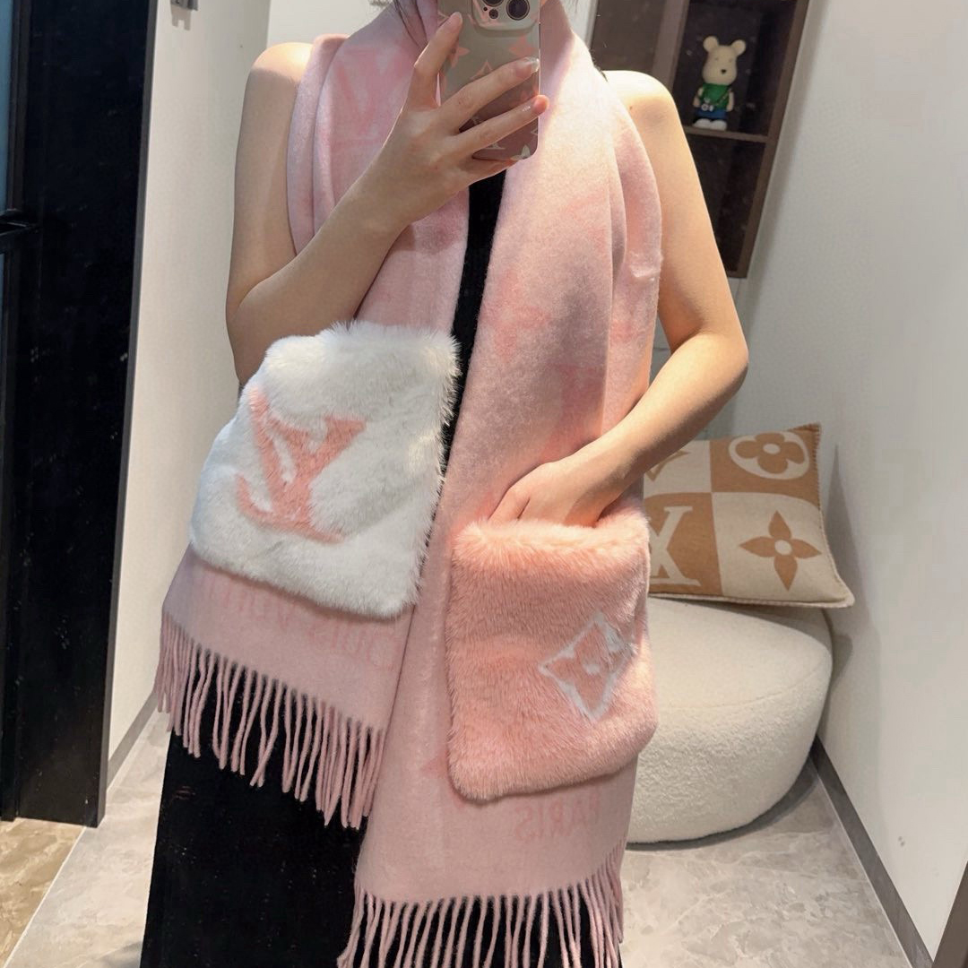 LV Designer Scarf Cashmere Add Rabbit Fur Pocket Scarf Women's Long Shawl Soft And Comfortable Luxury Sided Tassel Scarf Letter Tassel Shawl Scarf With Box