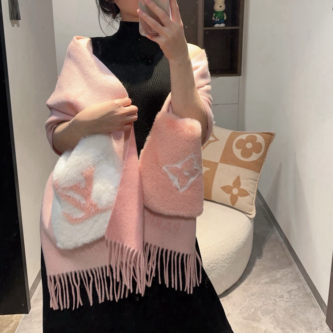 LV Designer Scarf Cashmere Add Rabbit Fur Pocket Scarf Women's Long Shawl Soft And Comfortable Luxury Sided Tassel Scarf Letter Tassel Shawl Scarf With Box