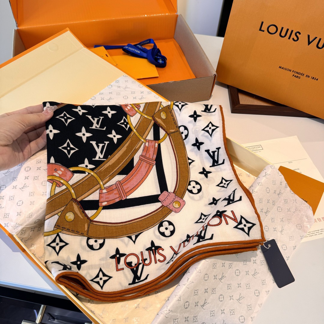 LV Designer Scarf Silk Wool Viscose Fiber Cotton Blend Women Fashion Silks Scarf Designers Scarves Luxury Silk Color-Blocking Fringed Edges With Box