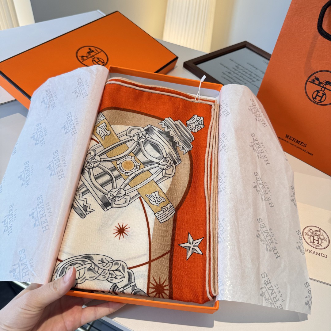 Hermes Designer Scarf Silk Wool Viscose Fiber Cotton Blend Women Fashion Silks Scarf Designers Scarves Luxury Silk Color-Blocking Fringed Edges With Box