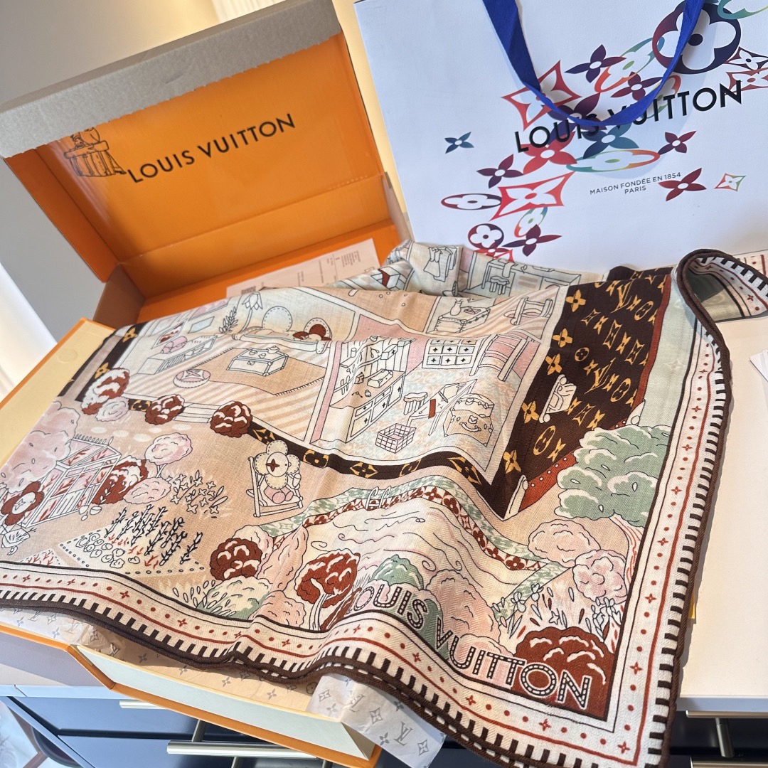 LV Designer Scarf Silk Wool Viscose Fiber Cotton Blend Women Fashion Silks Scarf Designers Scarves Luxury Silk Color-Blocking Fringed Edges With Box