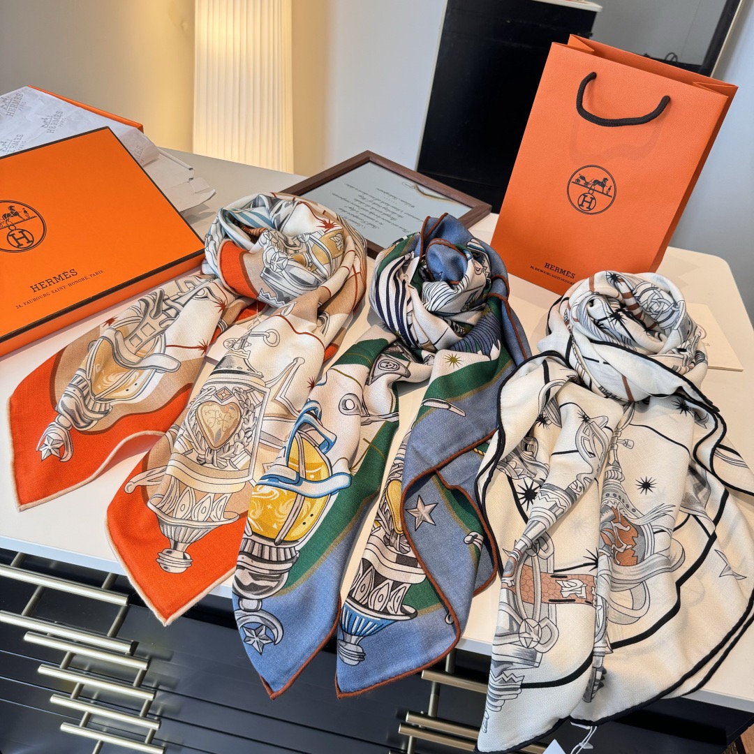 Hermes Designer Scarf Silk Wool Viscose Fiber Cotton Blend Women Fashion Silks Scarf Designers Scarves Luxury Silk Color-Blocking Fringed Edges With Box