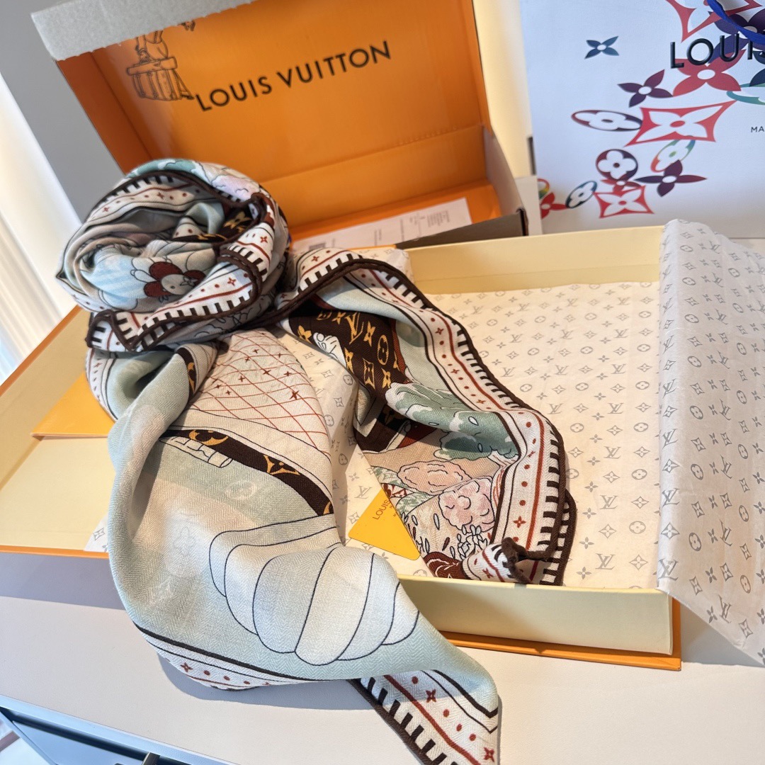LV Designer Scarf Silk Wool Viscose Fiber Cotton Blend Women Fashion Silks Scarf Designers Scarves Luxury Silk Color-Blocking Fringed Edges With Box