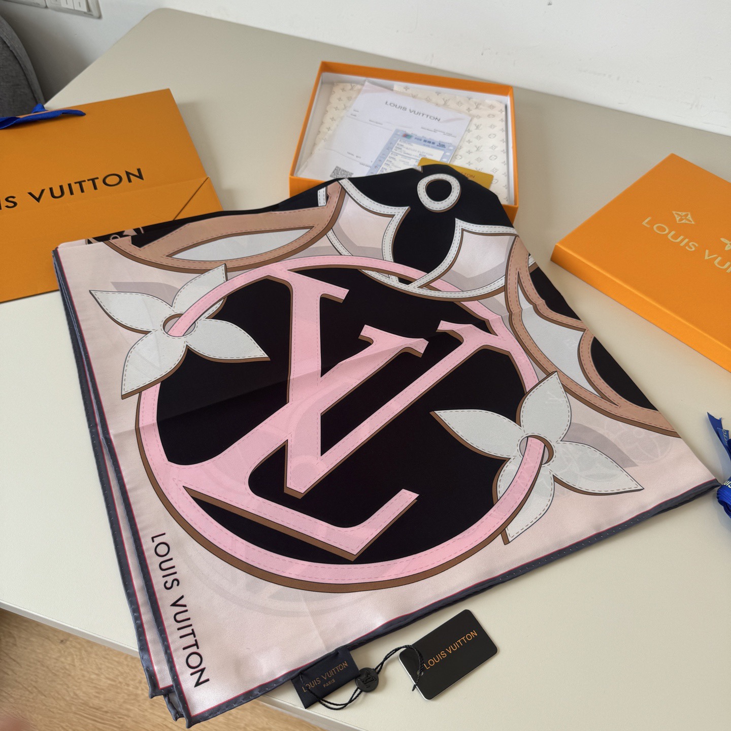 LV Designers Women Silk Fashion Square Scarves Miniature Monogram Pattern Background With Monogram Flowers And LV Circle Logo Interwoven Overlapping Luxe Shawl Silk Unisex Scarf With Box