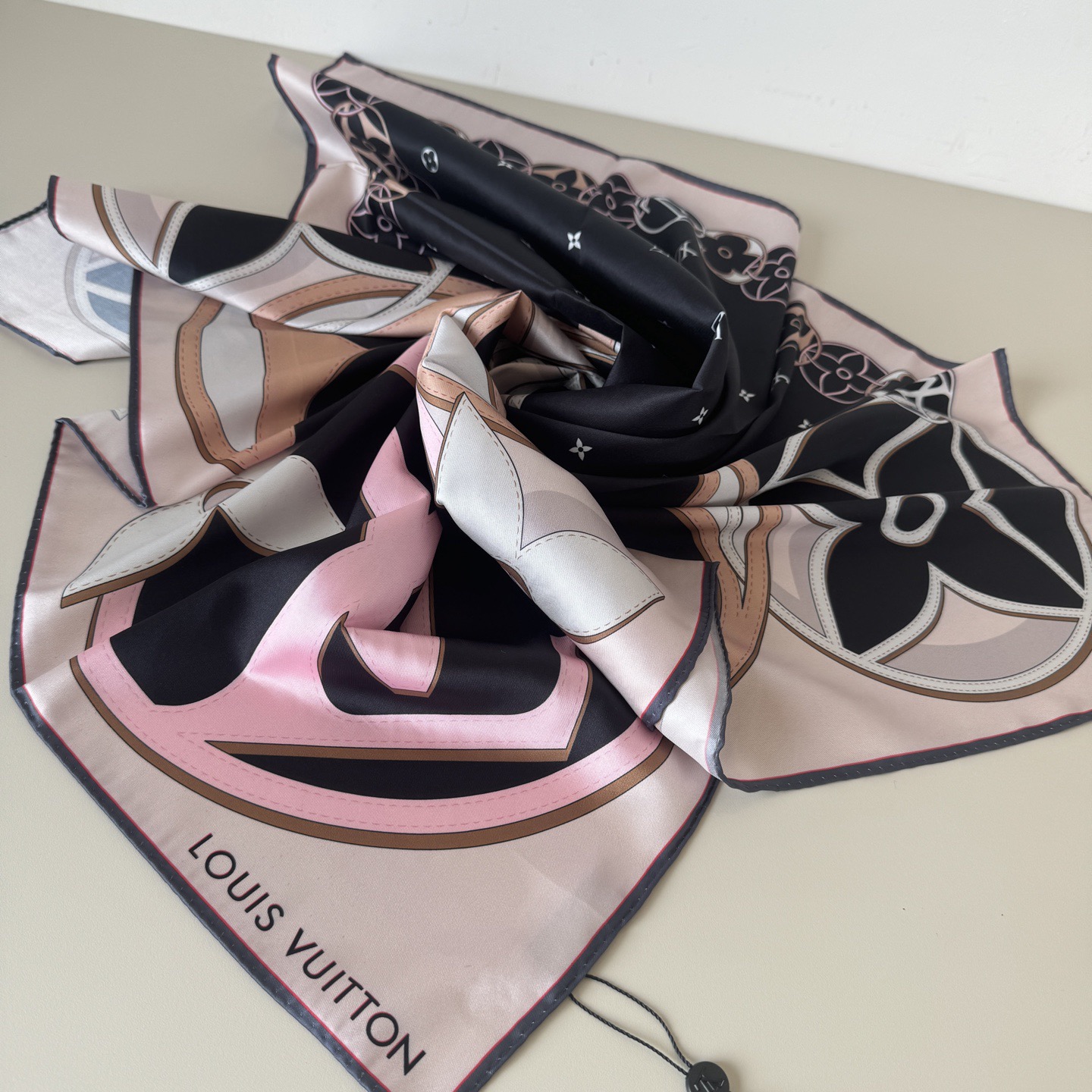 LV Designers Women Silk Fashion Square Scarves Miniature Monogram Pattern Background With Monogram Flowers And LV Circle Logo Interwoven Overlapping Luxe Shawl Silk Unisex Scarf With Box