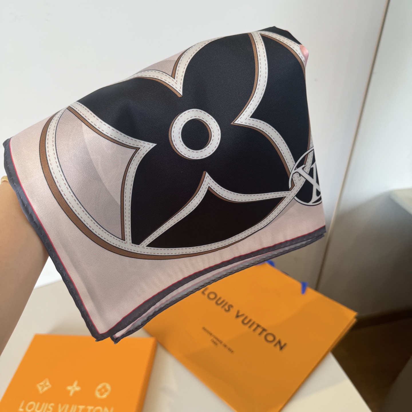 LV Designers Women Silk Fashion Square Scarves Miniature Monogram Pattern Background With Monogram Flowers And LV Circle Logo Interwoven Overlapping Luxe Shawl Silk Unisex Scarf With Box