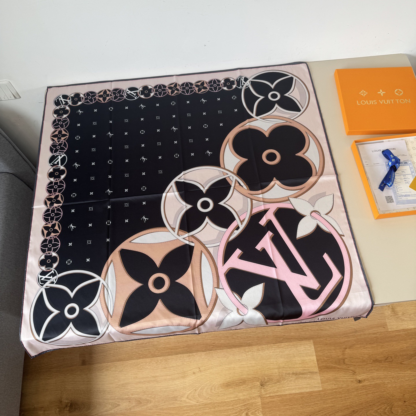 LV Designers Women Silk Fashion Square Scarves Miniature Monogram Pattern Background With Monogram Flowers And LV Circle Logo Interwoven Overlapping Luxe Shawl Silk Unisex Scarf With Box