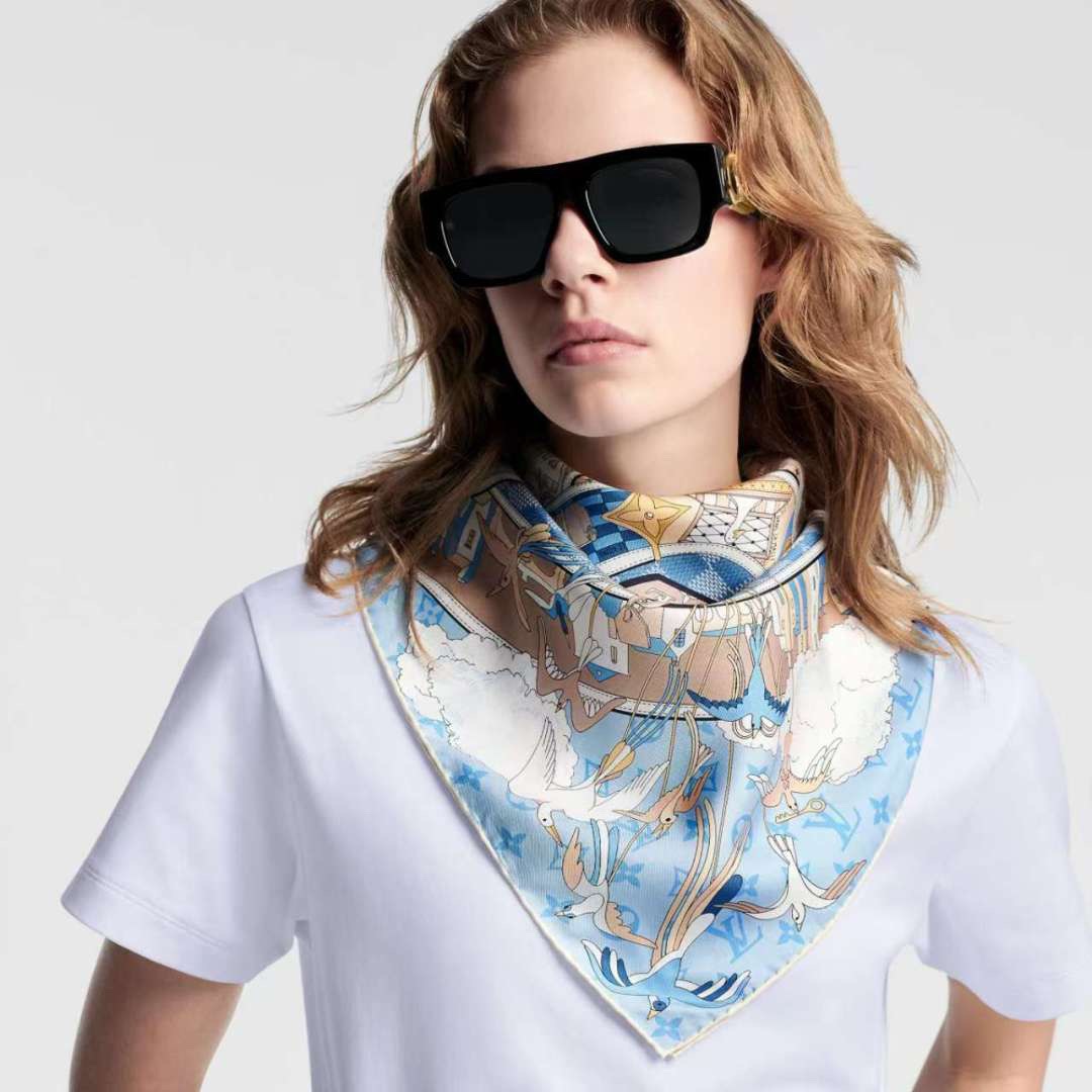 LV Designer Scarf Silk Journey Handkerchief Depicts A Colorful Global Journey On A Mulberry Silk Canvas, With Intricate Prints Integrated Into Luggage Hot Air Balloons Trains Ships Airplanes Achieving Another Classic Design Scarf With Box