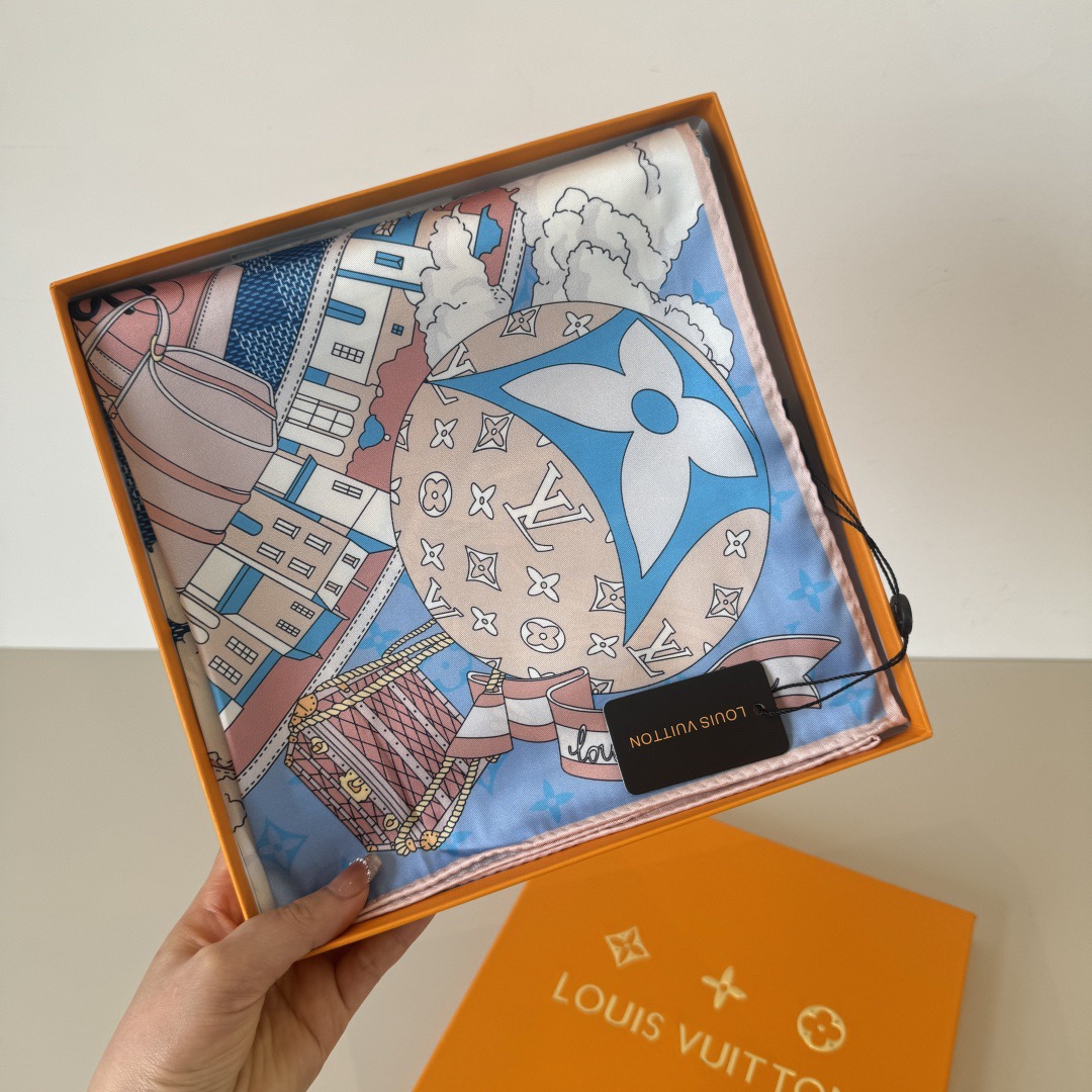 LV Designer Scarf Silk Journey Handkerchief Depicts A Colorful Global Journey On A Mulberry Silk Canvas, With Intricate Prints Integrated Into Luggage Hot Air Balloons Trains Ships Airplanes Achieving Another Classic Design Scarf With Box