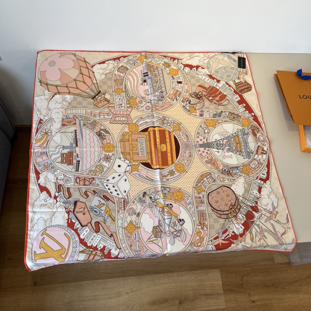 LV Designer Scarf Silk Journey Handkerchief Depicts A Colorful Global Journey On A Mulberry Silk Canvas, With Intricate Prints Integrated Into Luggage Hot Air Balloons Trains Ships Airplanes Achieving Another Classic Design Scarf With Box