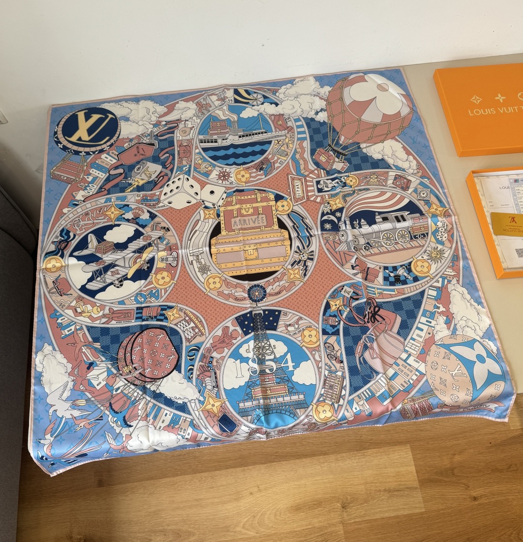 LV Designer Scarf Silk Journey Handkerchief Depicts A Colorful Global Journey On A Mulberry Silk Canvas, With Intricate Prints Integrated Into Luggage Hot Air Balloons Trains Ships Airplanes Achieving Another Classic Design Scarf With Box
