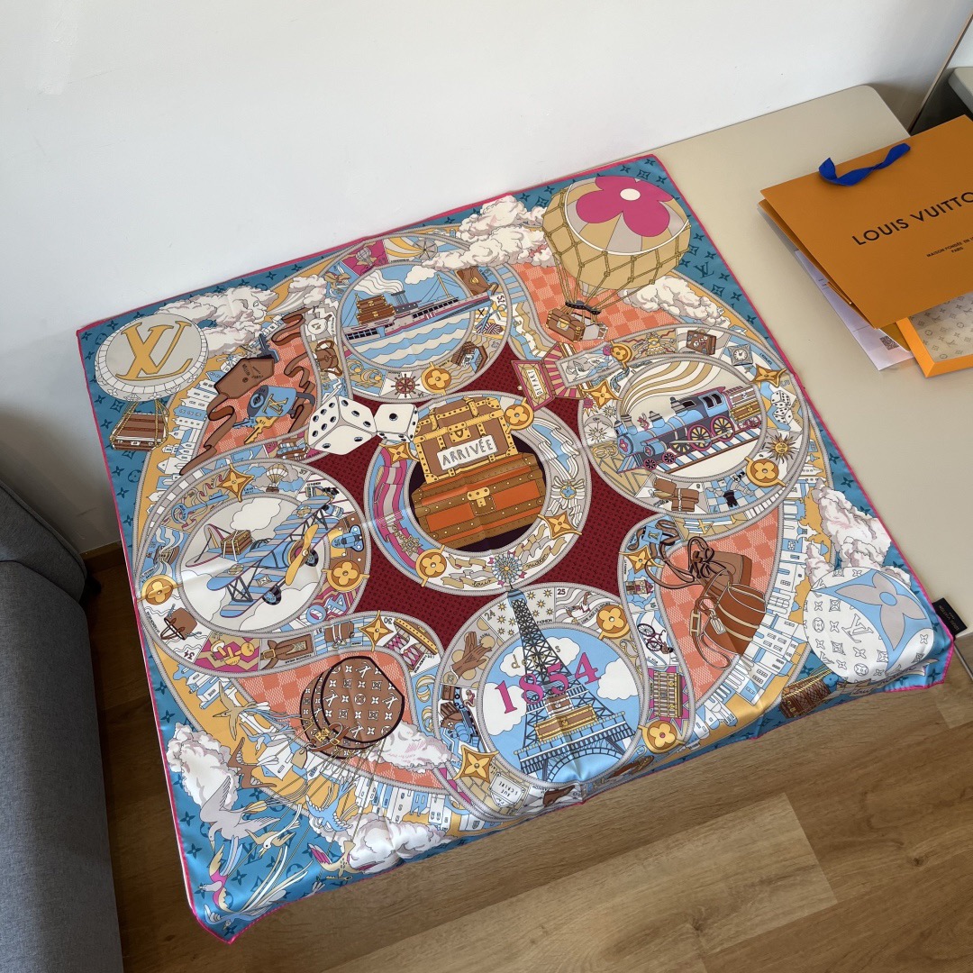LV Designer Scarf Silk Journey Handkerchief Depicts A Colorful Global Journey On A Mulberry Silk Canvas, With Intricate Prints Integrated Into Luggage Hot Air Balloons Trains Ships Airplanes Achieving Another Classic Design Scarf With Box
