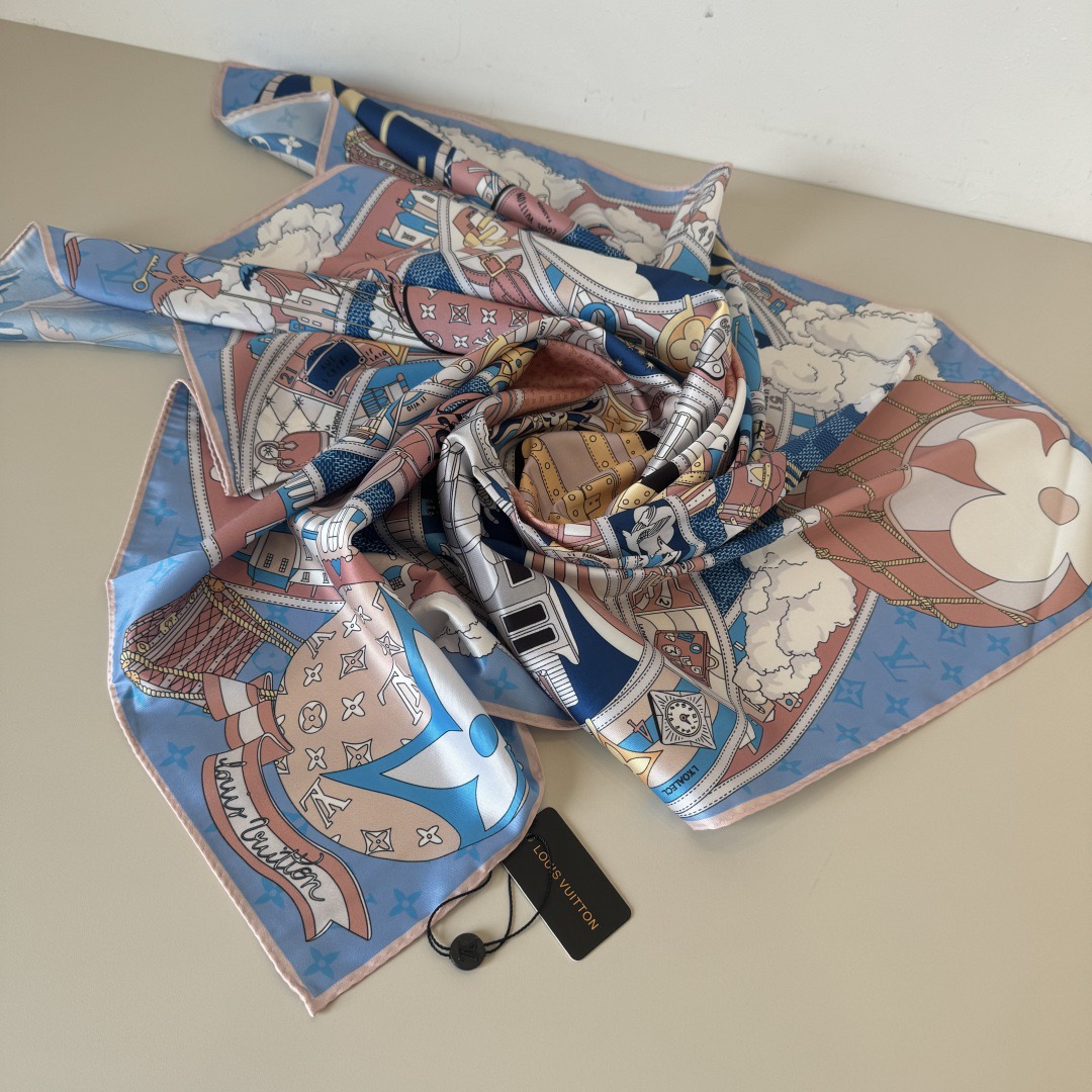 LV Designer Scarf Silk Journey Handkerchief Depicts A Colorful Global Journey On A Mulberry Silk Canvas, With Intricate Prints Integrated Into Luggage Hot Air Balloons Trains Ships Airplanes Achieving Another Classic Design Scarf With Box
