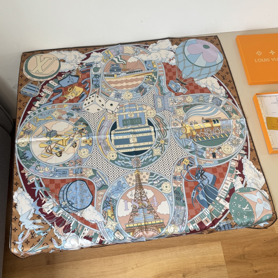 LV Designer Scarf Silk Journey Handkerchief Depicts A Colorful Global Journey On A Mulberry Silk Canvas, With Intricate Prints Integrated Into Luggage Hot Air Balloons Trains Ships Airplanes Achieving Another Classic Design Scarf With Box