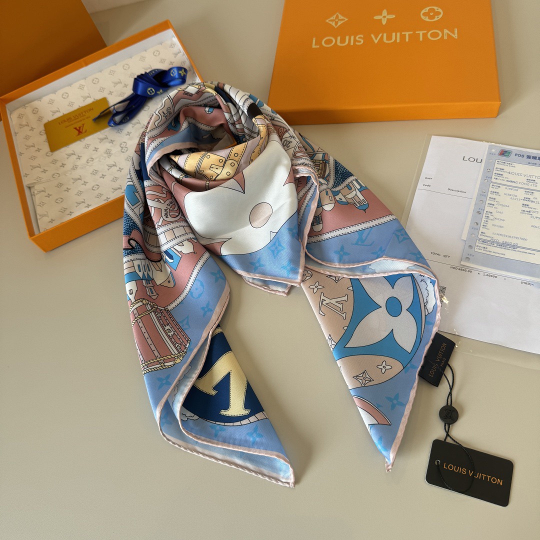 LV Designer Scarf Silk Journey Handkerchief Depicts A Colorful Global Journey On A Mulberry Silk Canvas, With Intricate Prints Integrated Into Luggage Hot Air Balloons Trains Ships Airplanes Achieving Another Classic Design Scarf With Box